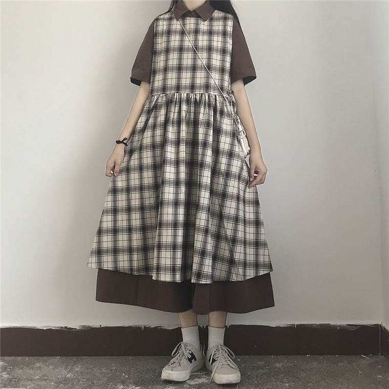 送料無料 ブラウンコーデ ナチュラル レトロ ガーリー ロング丈 シャツワンピース チェック柄 ノースリーブ 2点セット Lamitte Deco トレンド 韓国ファッション ショップ Base店